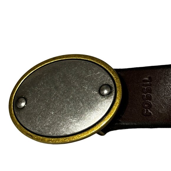 Fossil size L 43.5” long silver and goldtone buckle brown leather belt EUC - Picture 2 of 8